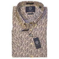 Tan and Navy Leaf Print Short Sleeve Stretch Cotton Sport Shirt by Viyella