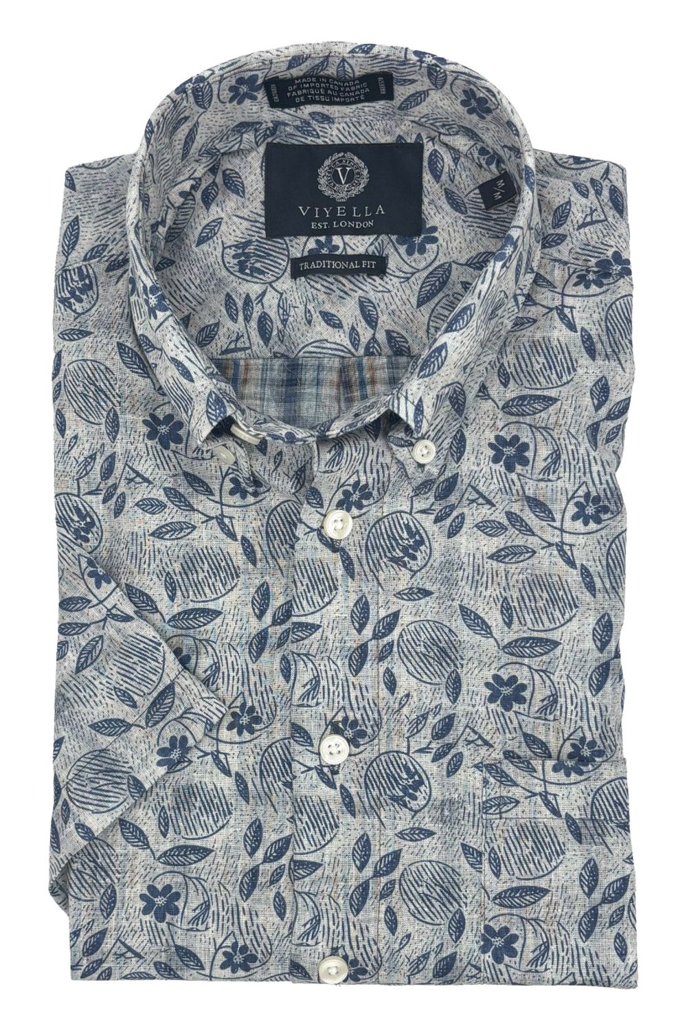 Blue Multi Botanical Print Cotton and Linen Short Sleeve Sport Shirt by Viyella
