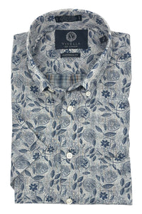 Blue Multi Botanical Print Cotton and Linen Short Sleeve Sport Shirt by Viyella