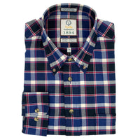 Navy and Red Herringbone Plaid Cotton and Cashmere Blend '1894 Authentics' Button-Down Shirt by Viyella
