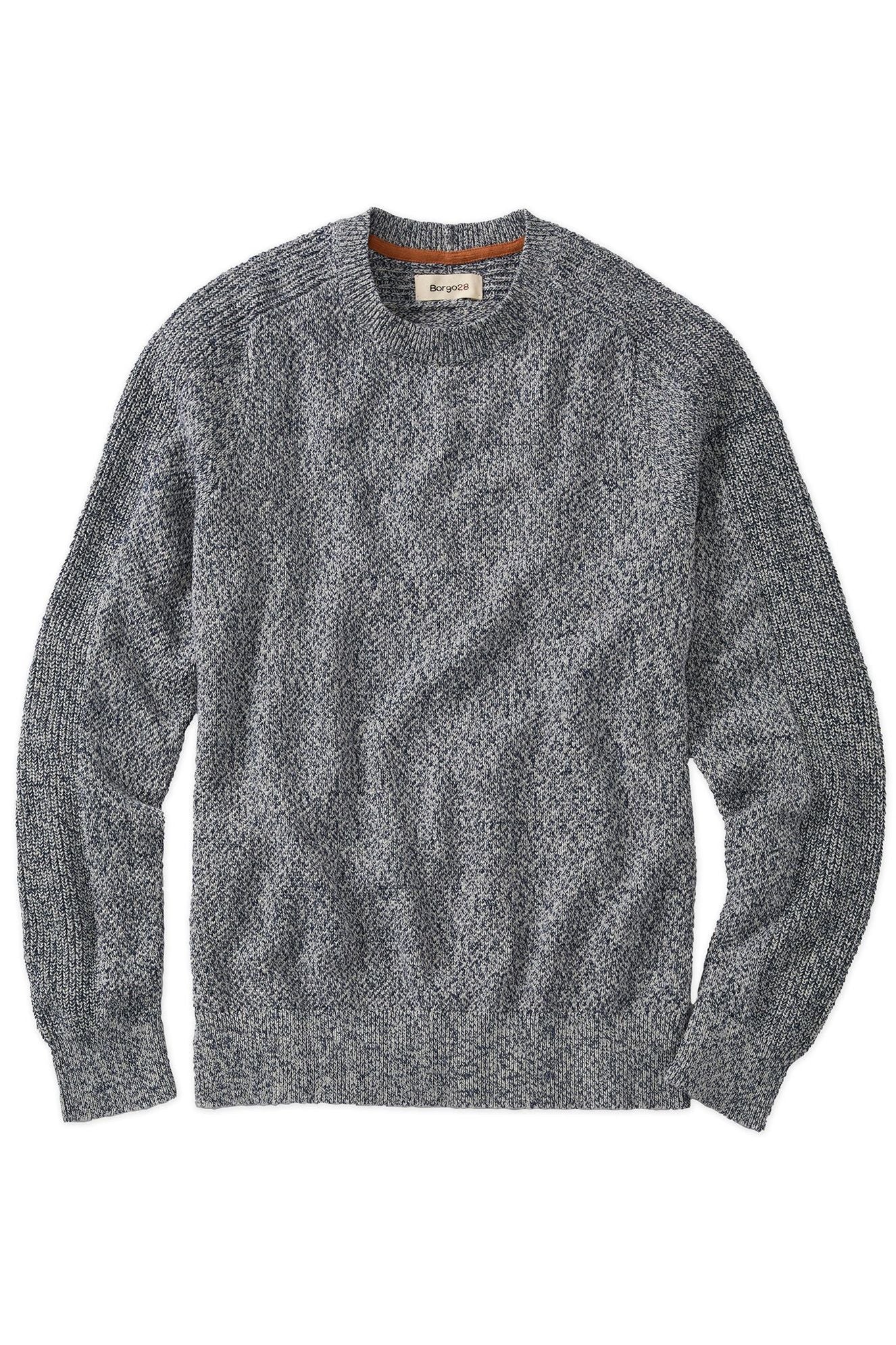 Saddle Paneled Crew Neck Marled Cotton Sweater in Grey-Blue by Borgo28