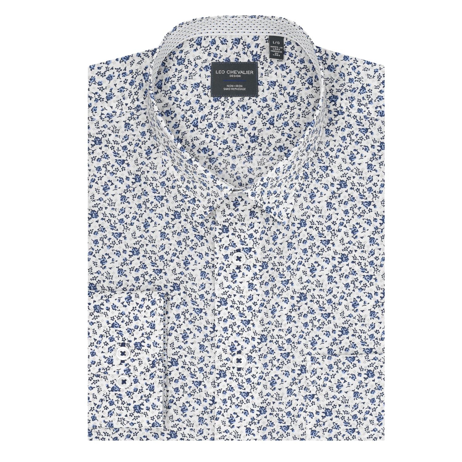 Blue Flower Print No-Iron Cotton Sport Shirt with Hidden Button Down Collar by Leo Chevalier