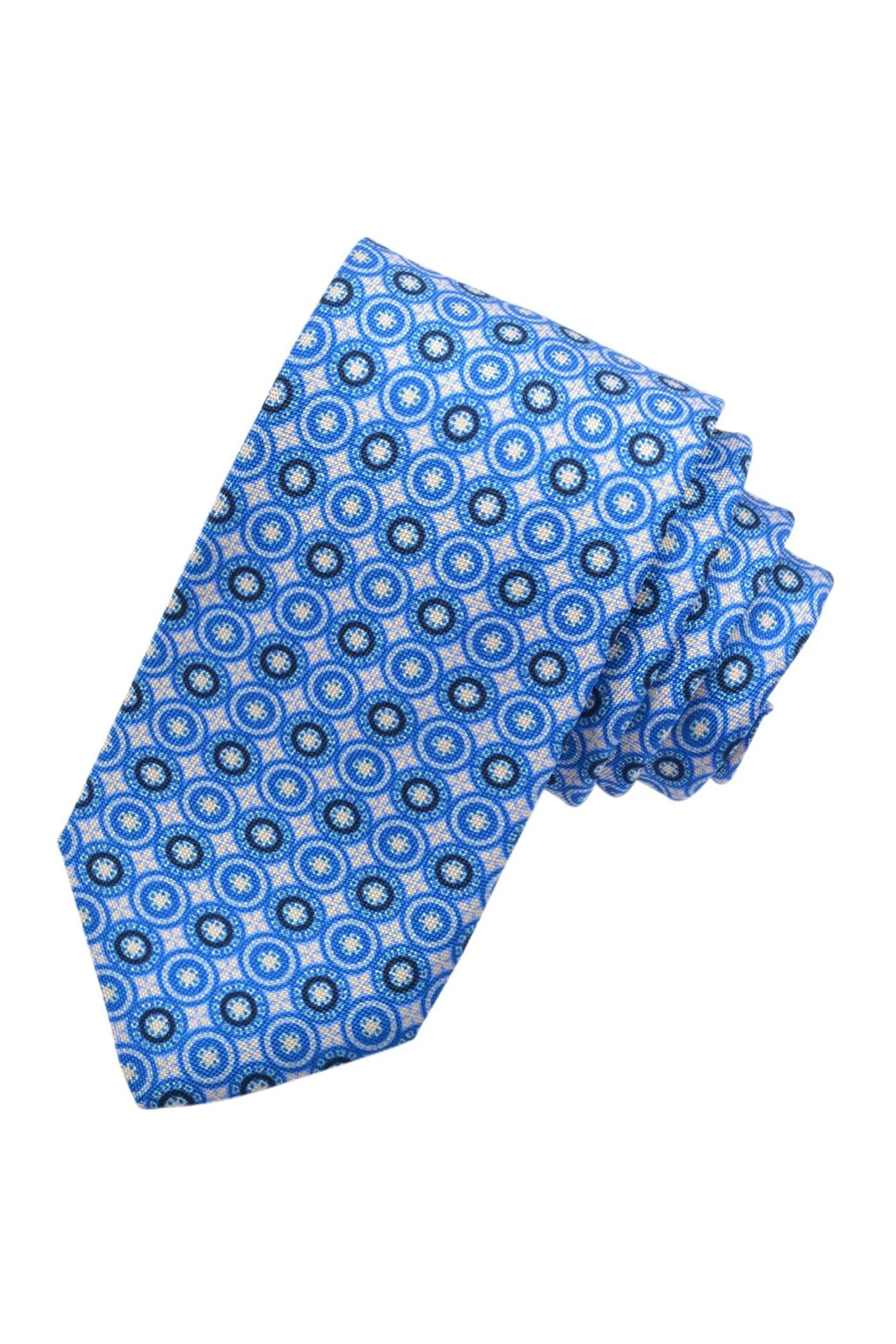 Royal, French Blue, and Navy Circular Medallion Silk Printed Panama Tie by Dion Neckwear