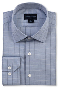Mélange Dobby Windowpane Plaid Cotton Sport Shirt in Blue by Scott Barber