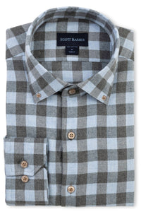 Italian Mélange Flannel Gingham Sport Shirt with Button Down Collar in Sky and Charcoal by Scott Barber