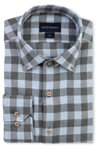 Italian Mélange Flannel Gingham Sport Shirt with Button Down Collar in Sky and Charcoal by Scott Barber