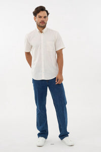Natural Linen-Look Cotton Slub Short Sleeve Sport Shirt with Button-Down Collar by Leo Chevalier