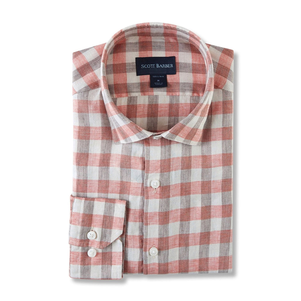 Italian Linen Exploded Gingham Sport Shirt in Spice by Scott Barber