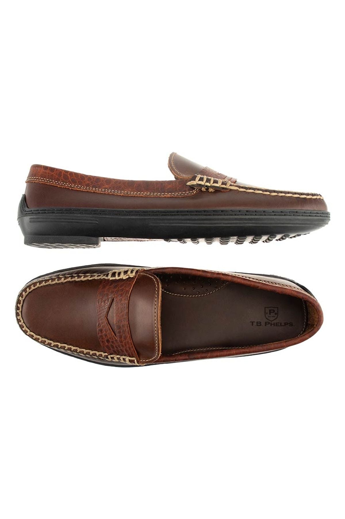 NEW T.B. PHELPS men\'s traditions key west penny driver shoes in briar waxy leath TB Phelps Traditions Key West Combo Penny Loafer Khaki Croco  main image 4
