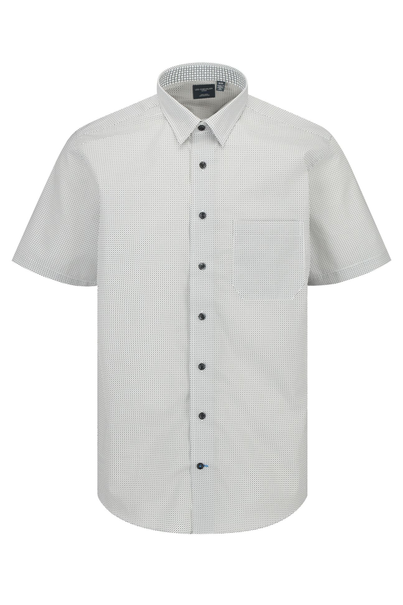 Multi Grey Mini Neat Geometric Short Sleeve No-Iron Cotton Sport Shirt with Hidden Button Down Collar by Leo Chevalier