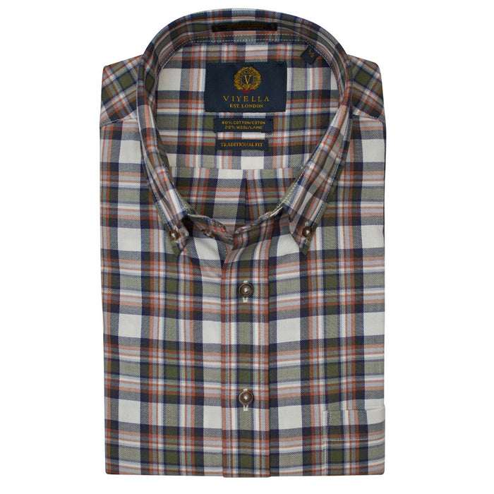 Sage, Rust, and Natural Plaid Cotton and Wool Blend Button-Down Shirt by Viyella