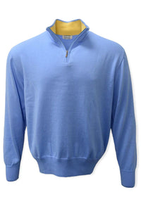 Lightweight Pima Cotton Quarter-Zip Sweater with Contrast Trim in Light Blue by Blue 1899