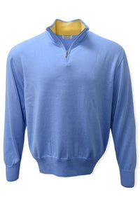 Lightweight Pima Cotton Quarter-Zip Sweater with Contrast Trim in Light Blue by Blue 1899
