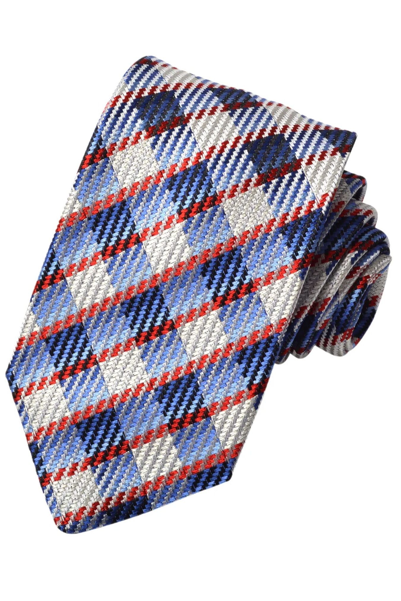 Red, Marine, Royal, and Latte Herringbone Plaid Italian Silk Woven Jacquard Tie by Dion Neckwear