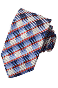 Red, Marine, Royal, and Latte Herringbone Plaid Italian Silk Woven Jacquard Tie by Dion Neckwear