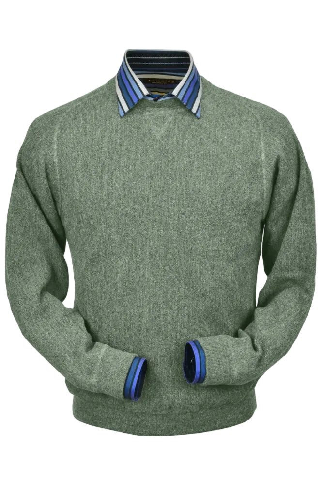 Baby Alpaca 'Links Stitch' Sweatshirt-Style Crew Neck Sweater in Soft Green Heather by Peru Unlimited