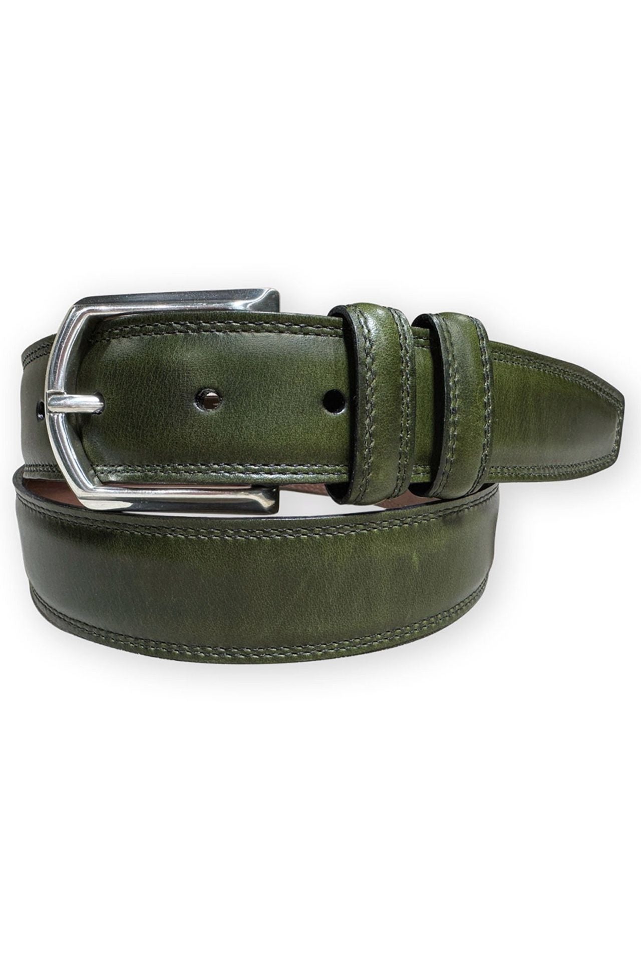 Contrast Stitched Padded Calfskin Belt in Olive Green by Torino Leather