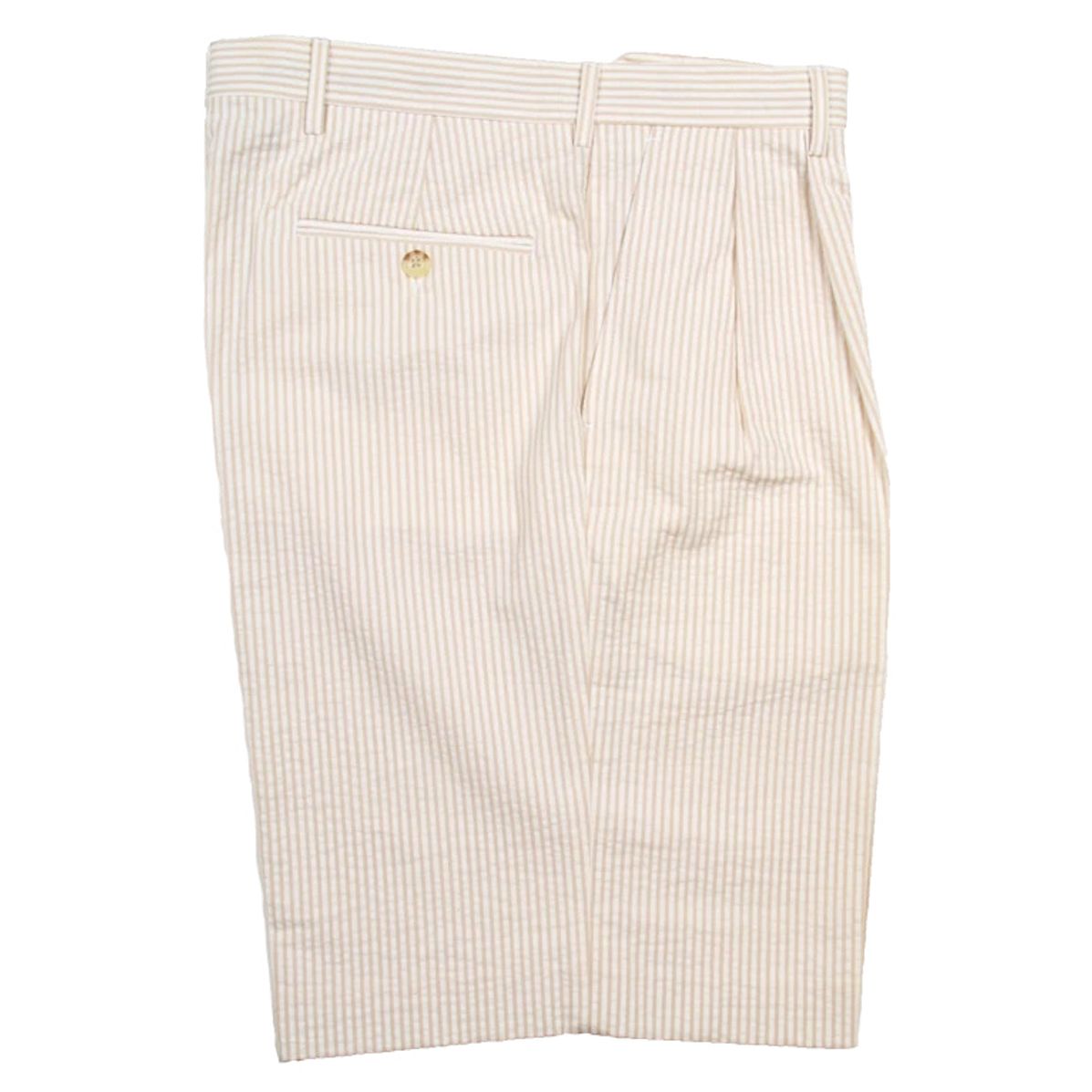 Seersucker Pleated Cotton Short in Tan and White (Ascot Double Reverse Pleat) by Berle