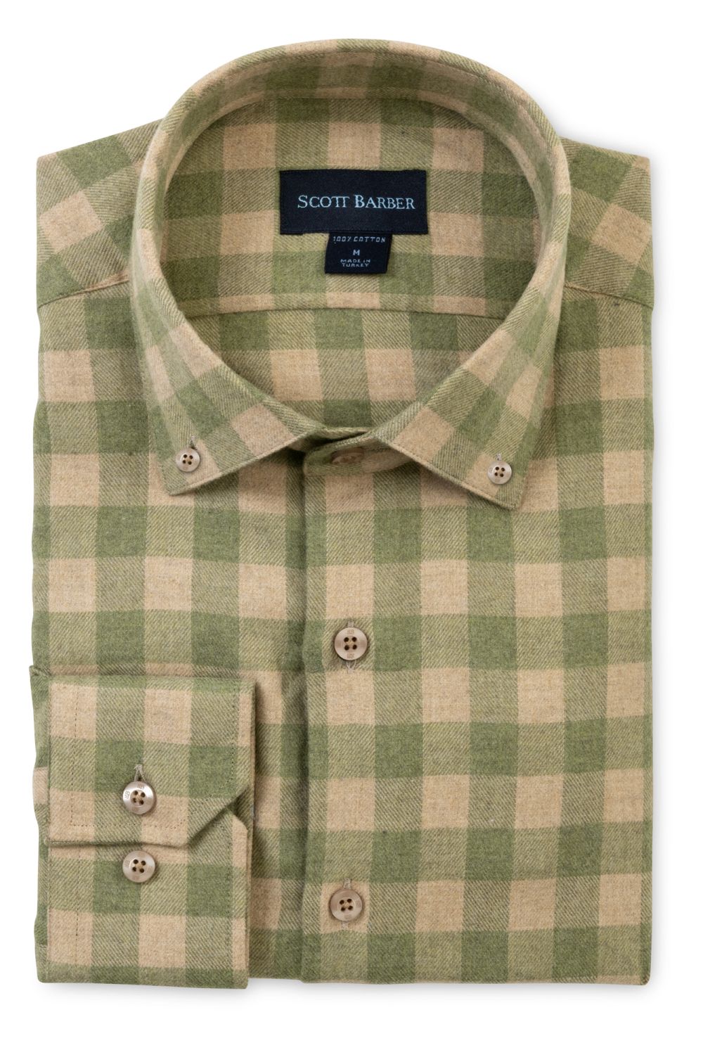 Italian Mélange Flannel Gingham Sport Shirt with Button Down Collar in Sage by Scott Barber