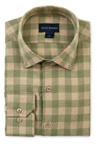 Italian Mélange Flannel Gingham Sport Shirt with Button Down Collar in Sage by Scott Barber