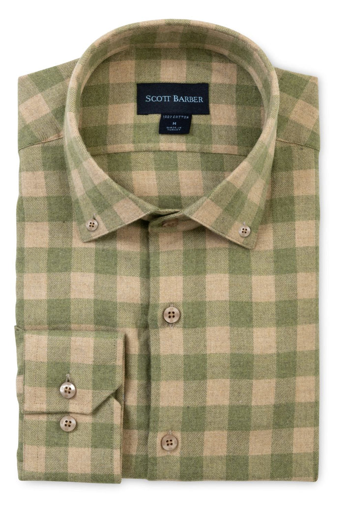 Italian Mélange Flannel Gingham Sport Shirt with Button Down Collar in Sage by Scott Barber