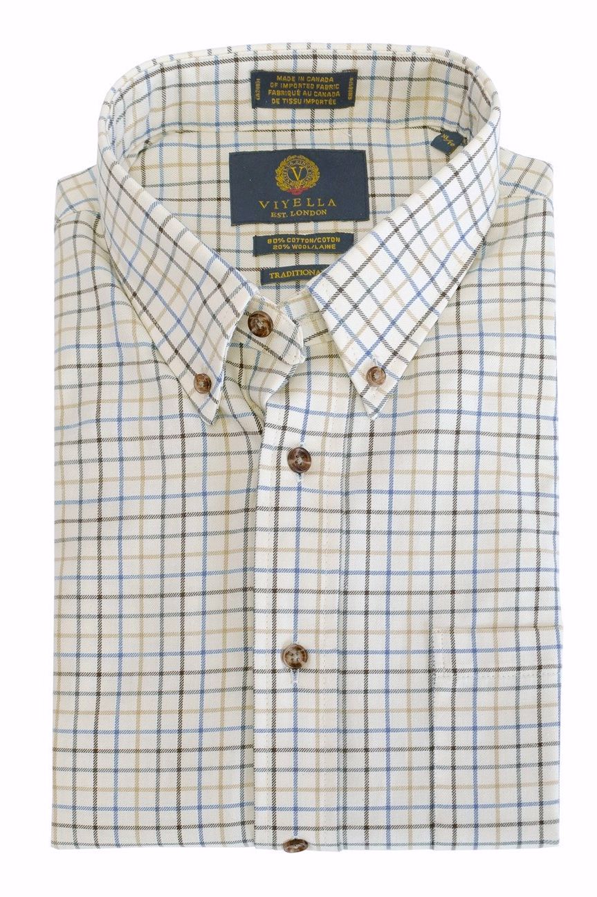 Brown, Blue, and Winter White Windowpane Check Cotton and Wool Blend Button-Down Shirt by Viyella