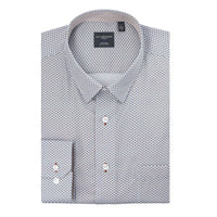 White, Blue, and Rust Print No-Iron Cotton Sport Shirt with Hidden Button Down Collar by Leo Chevalier
