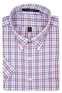 'Dason' Blue and Coral Short Sleeve Performance Seersucker Sport Shirt by Batton