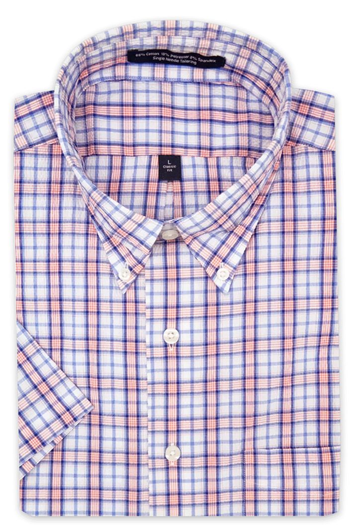 'Dason' Blue and Coral Short Sleeve Performance Seersucker Sport Shirt by Batton