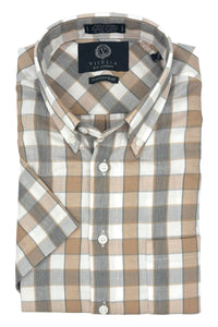 Grey and Orange-Tan Plaid Short Sleeve Sport Shirt by Viyella