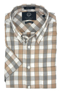 Grey and Orange-Tan Plaid Short Sleeve Sport Shirt by Viyella