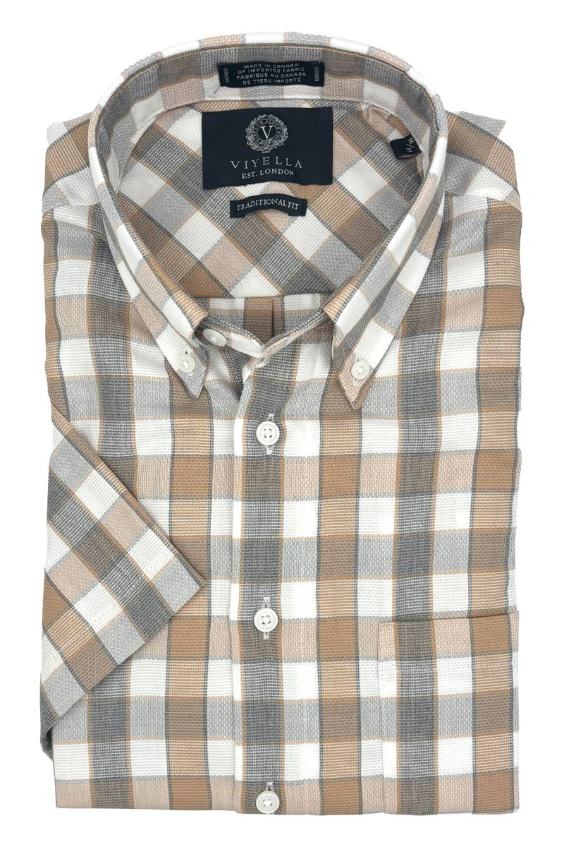 Grey and Orange-Tan Plaid Short Sleeve Sport Shirt by Viyella