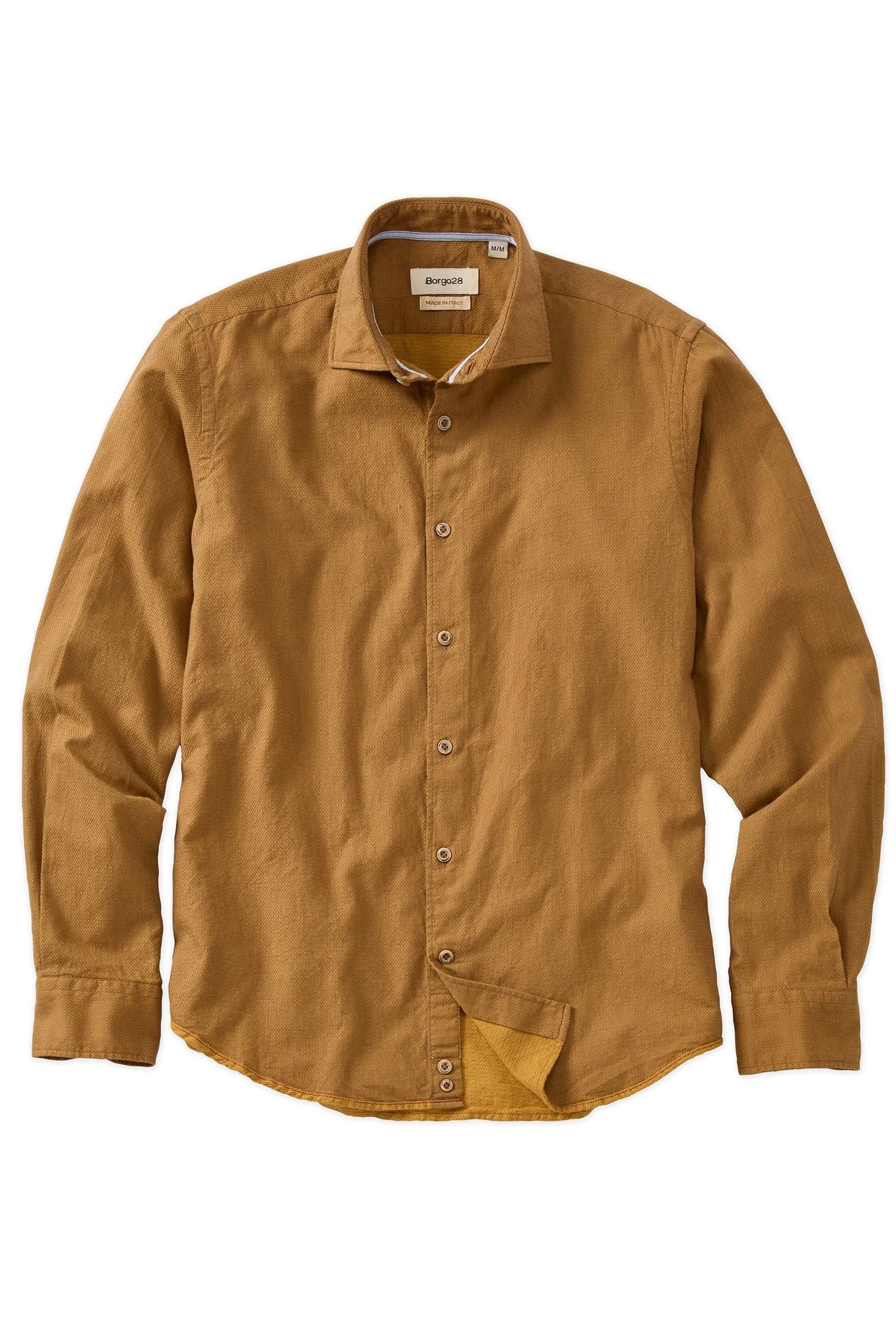 Italian Double-Faced Honeycomb Brushed Cotton Long-Sleeve Sport Shirt in Gold by Borgo28