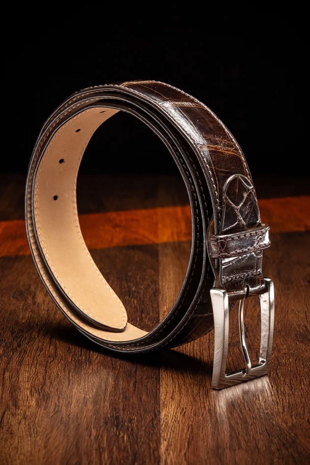 High Shine Alligator Belt in Nicotine by Zelli Italia