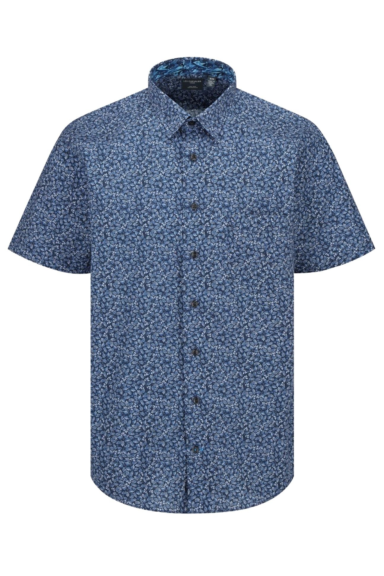 Navy and Blue Botanical Leaf Print Short Sleeve No-Iron Cotton Sport Shirt with Hidden Button Down Collar by Leo Chevalier