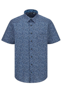 Navy and Blue Botanical Leaf Print Short Sleeve No-Iron Cotton Sport Shirt with Hidden Button Down Collar by Leo Chevalier