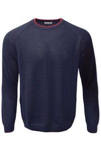 Baby Alpaca Raglan Sleeve Crew Neck Sweater with Contrast Trim in Navy/College Red by Blue 1899