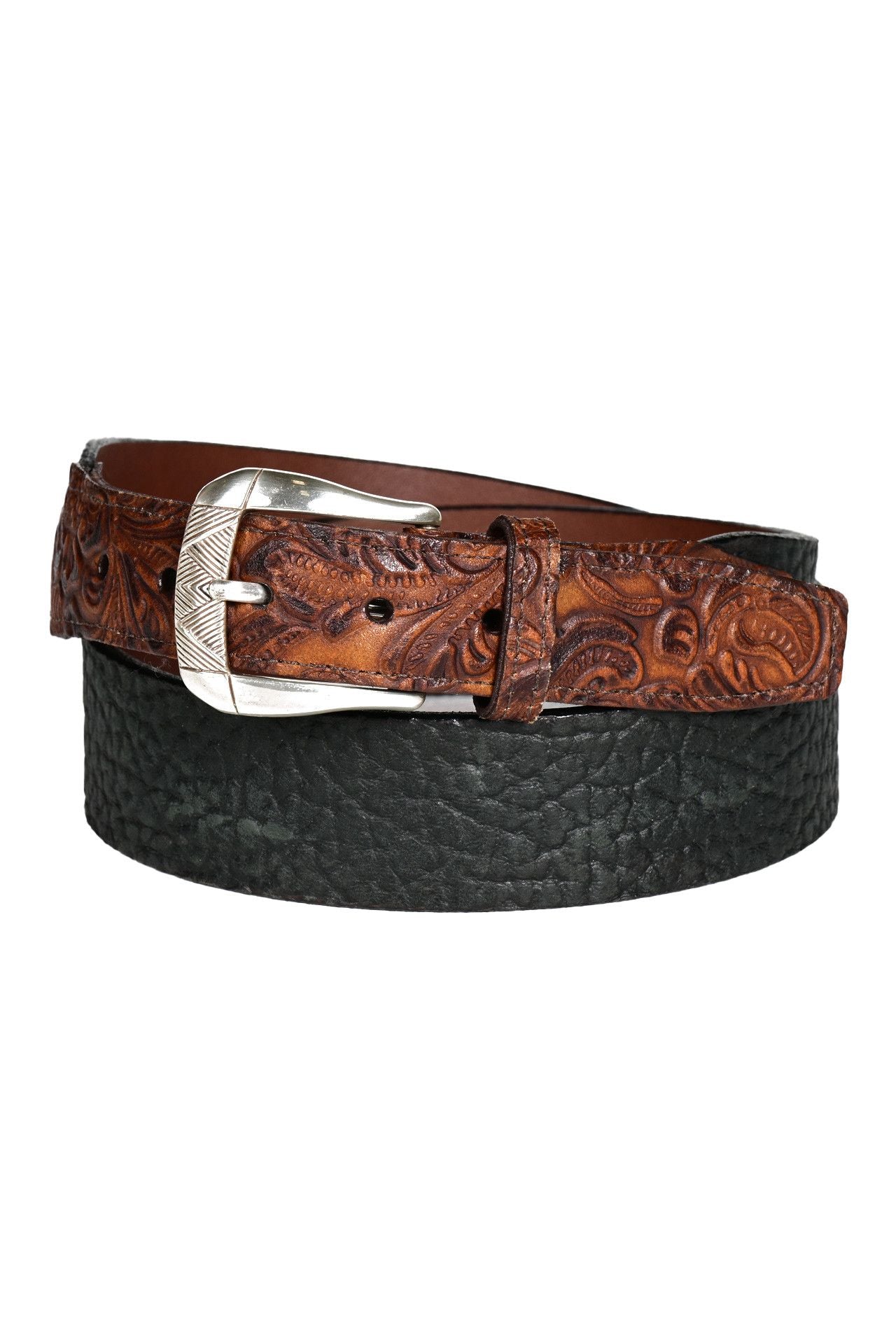 Two-Tone Pebbled and Tooled Cowhide Leather Belt with Etched Buckle in Black and Cognac by Torino Leather