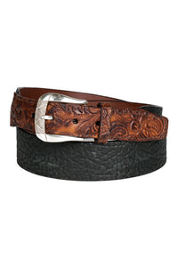 Two-Tone Pebbled and Tooled Cowhide Leather Belt with Etched Buckle in Black and Cognac by Torino Leather