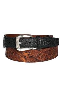 Two-Tone Pebbled and Tooled Cowhide Leather Belt with Etched Buckle in Antique Cognac and Black by Torino Leather