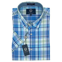 Cotton Madras Short Sleeve Cotton Sport Shirt in Chambray Blue Multi Plaid by Viyella