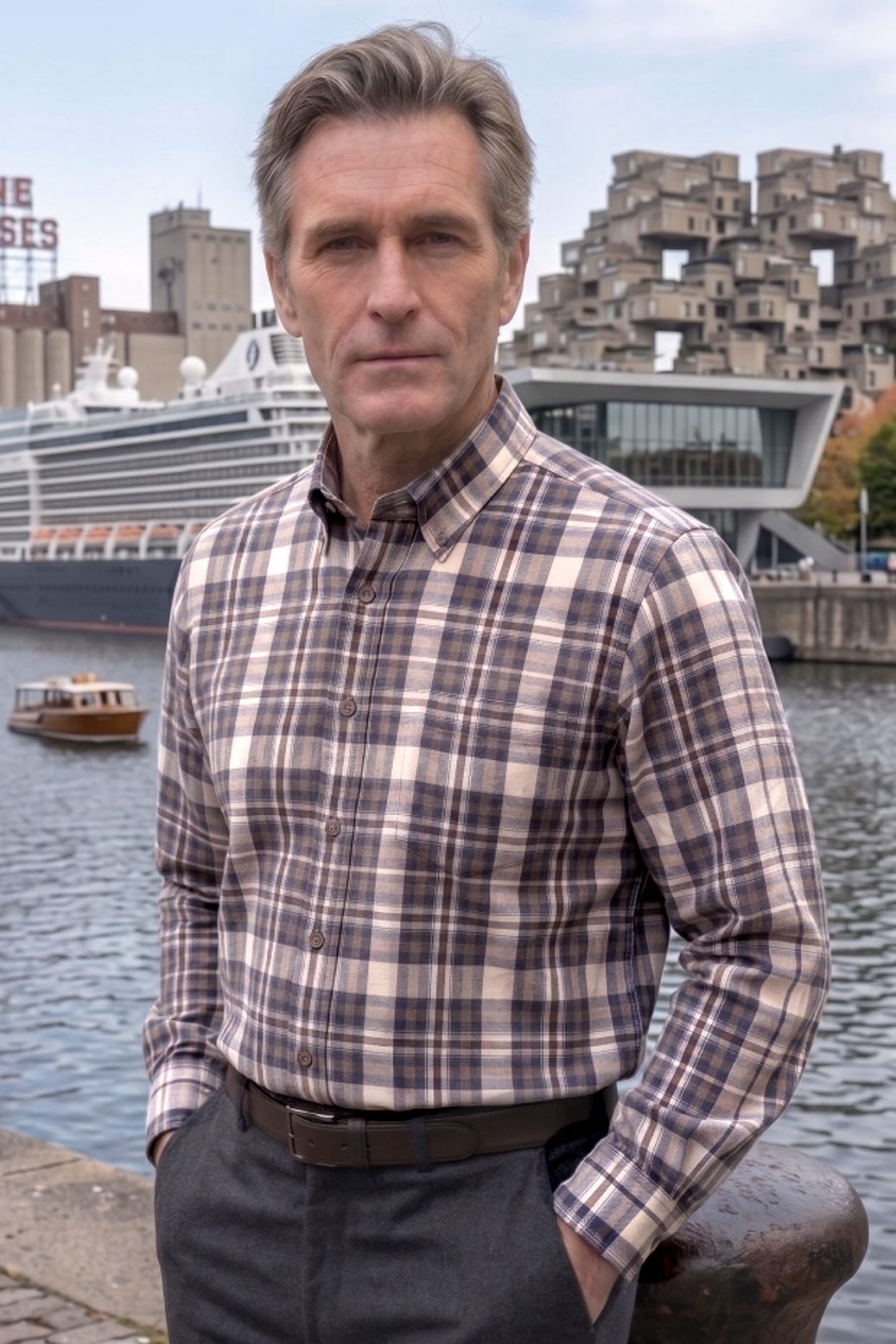 Navy, Taupe, and Brown Plaid Cotton and Wool Blend Button-Down Shirt (Tailored Fit) by Viyella