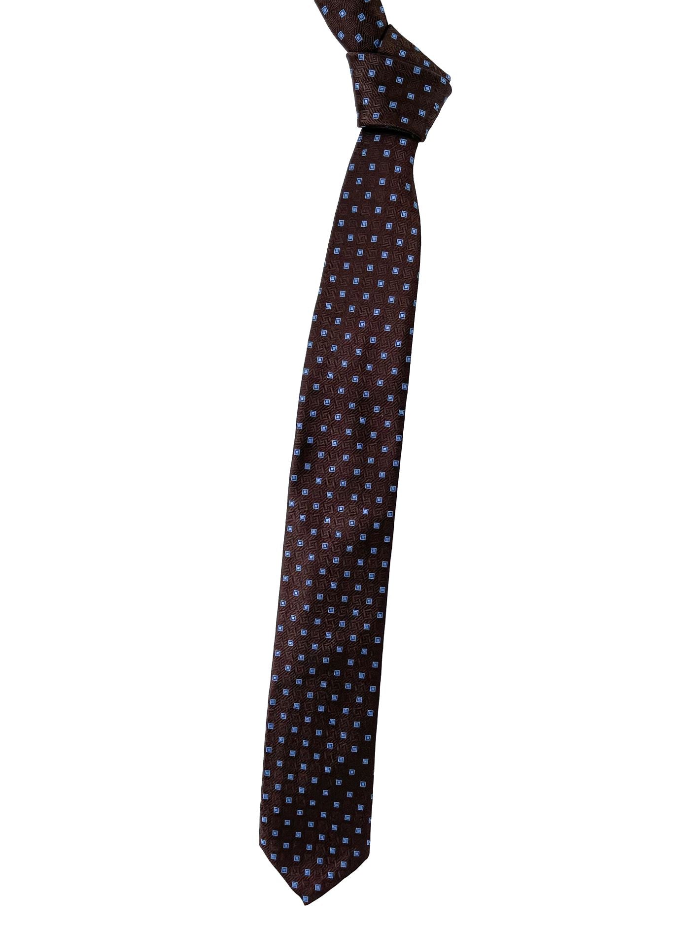 Brown, Sky Blue, and Black Geometric 'Seven Fold' Woven Silk Tie by Robert Talbott