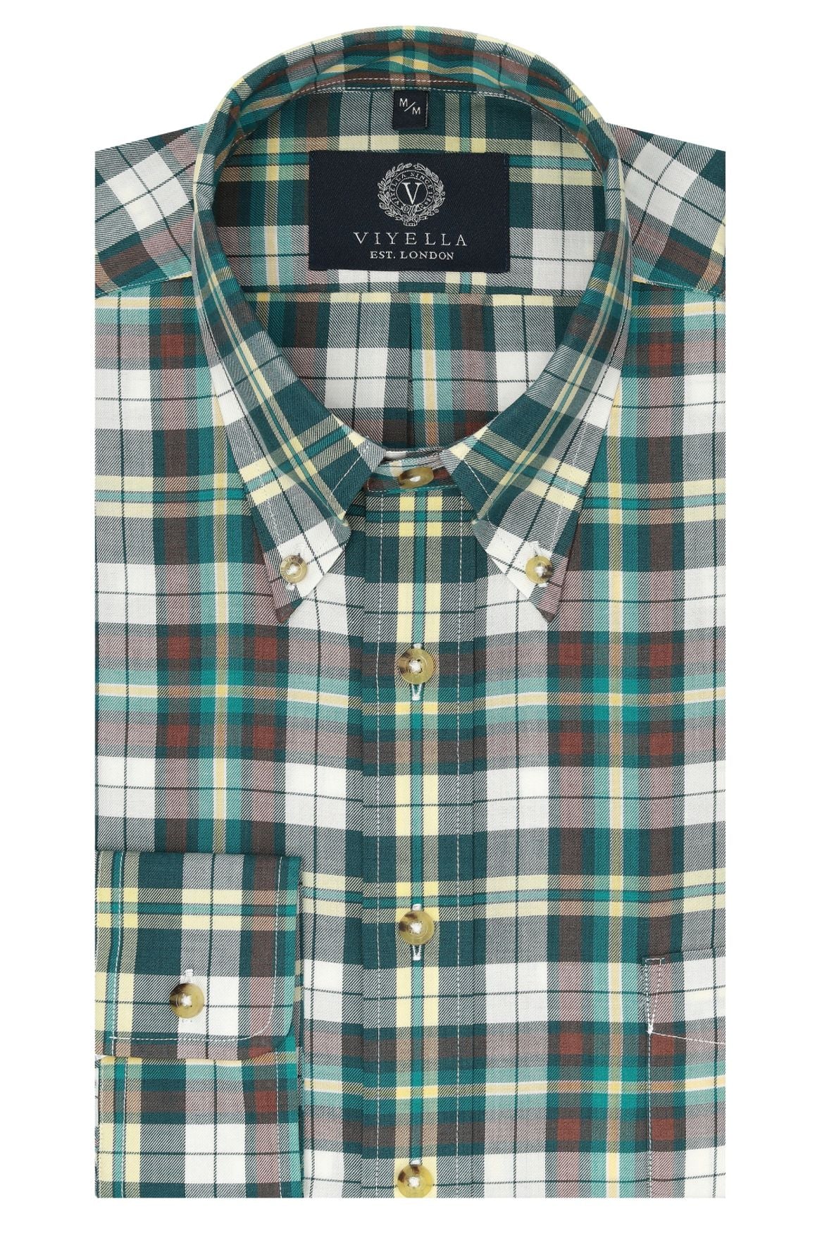 Summer Weight Green Multi Check Cotton and Wool Blend Button-Down Shirt by Viyella