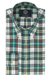Summer Weight Green Multi Check Cotton and Wool Blend Button-Down Shirt by Viyella
