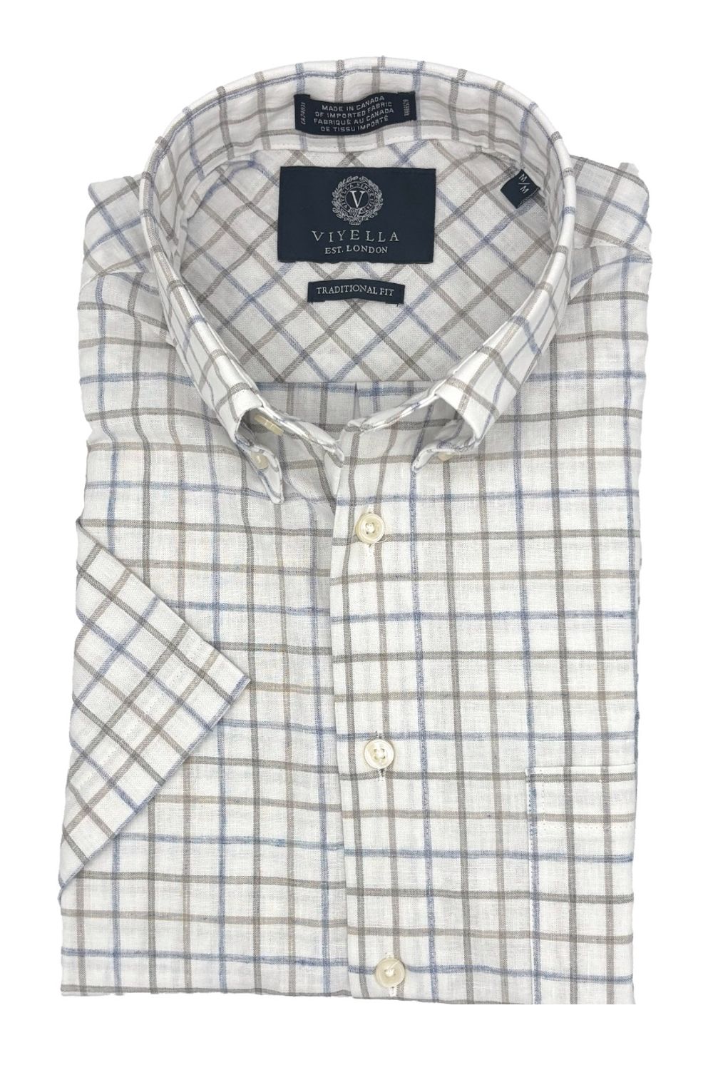 Blue, Taupe, and Natural Check Cotton and Linen Short Sleeve Sport Shirt by Viyella