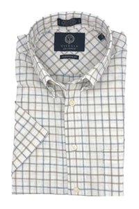 Blue, Taupe, and Natural Check Cotton and Linen Short Sleeve Sport Shirt by Viyella
