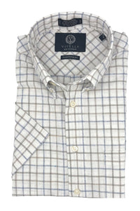 Blue, Taupe, and Natural Check Cotton and Linen Short Sleeve Sport Shirt by Viyella