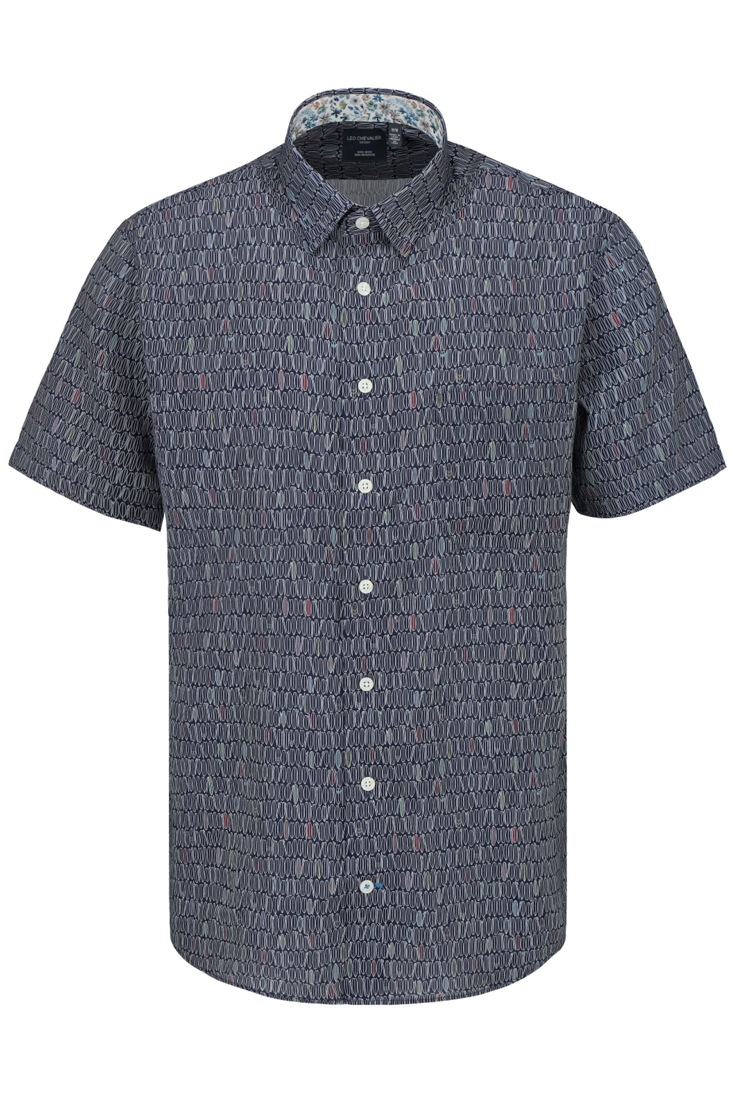 Surf's Up Navy Print Short Sleeve No-Iron Cotton Sport Shirt with Hidden Button Down Collar by Leo Chevalier