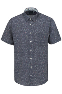 Surf's Up Navy Print Short Sleeve No-Iron Cotton Sport Shirt with Hidden Button Down Collar by Leo Chevalier